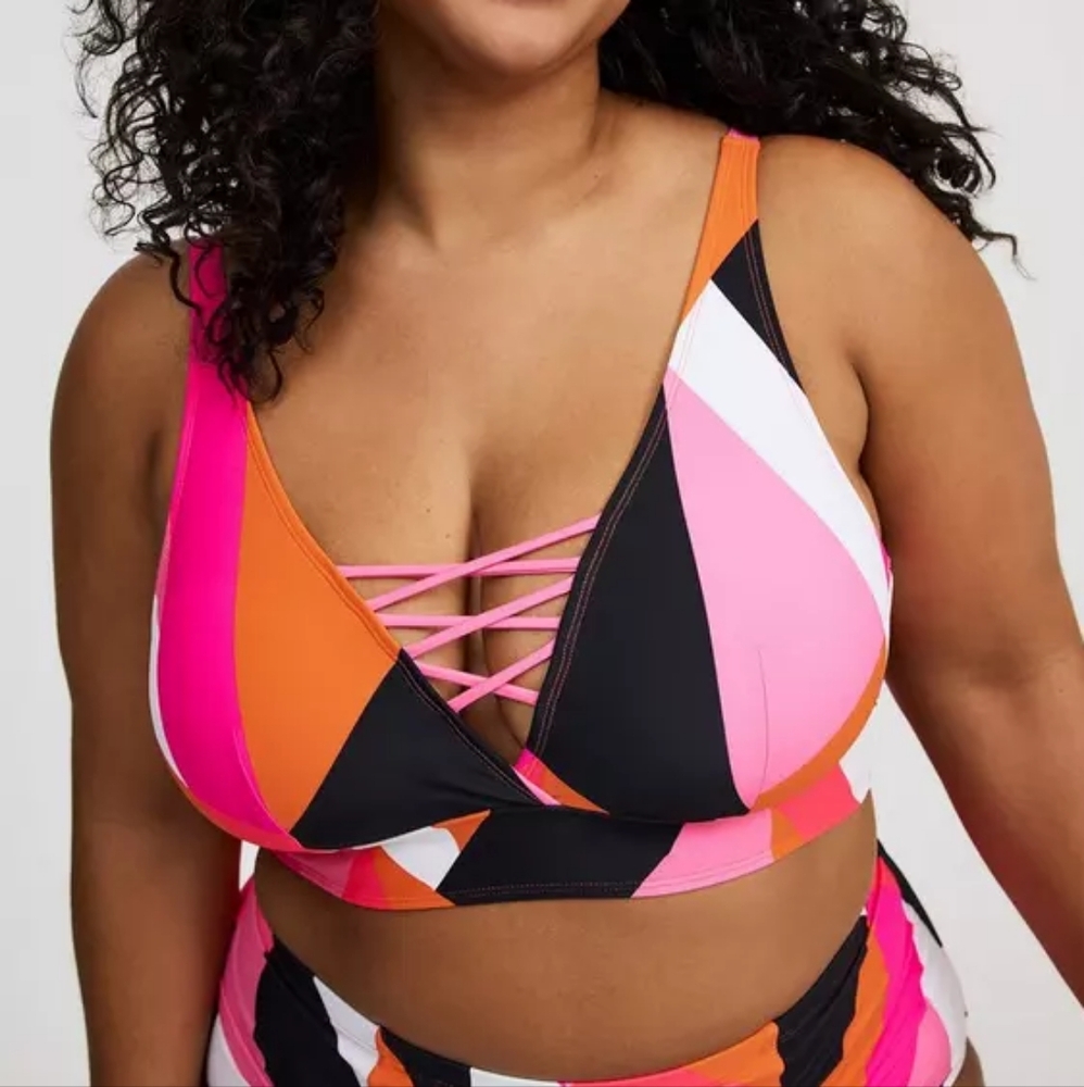 Torrid Geometric Orange Pink Black Wireless XO Triangle Swim Bikini Top 3X NWT